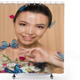 Personality  Beautiful Happy Naked Asian Girl In Flowers With Butterflies On Body Isolated On Beige Shower Curtains