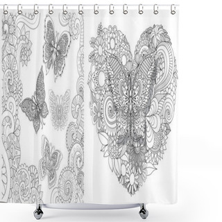 Personality  Beautiful Butterflies Flying In The Floral Jungle And On Heated Shape Floral Set Design For Adult Coloring Book Pages. Vector Illustration Shower Curtains