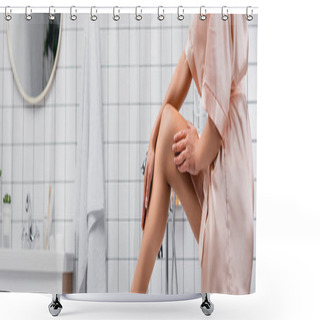 Personality  Cropped View Of Woman In Silk Bathrobe Touching Leg In Bathroom, Banner  Shower Curtains