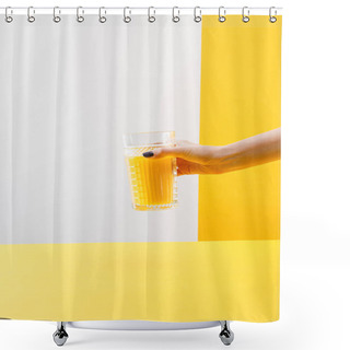 Personality  Cropped View Of Woman Holding Glass Of Fresh Delicious Yellow Smoothie On Grey And Yellow Background Shower Curtains