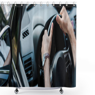 Personality  Panoramic Shot Of Man Holding Steering Wheel And Driving Automobile  Shower Curtains
