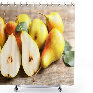 Personality  Ripe Pears On Wooden Table. Healthy Snack Shower Curtains