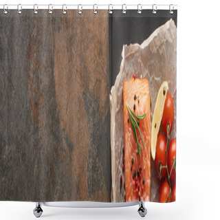 Personality  Panoramic Shot Of Raw Salmon Steak With Tomatoes, Rosemary, Lemon And Pepper On Oven Tray Shower Curtains