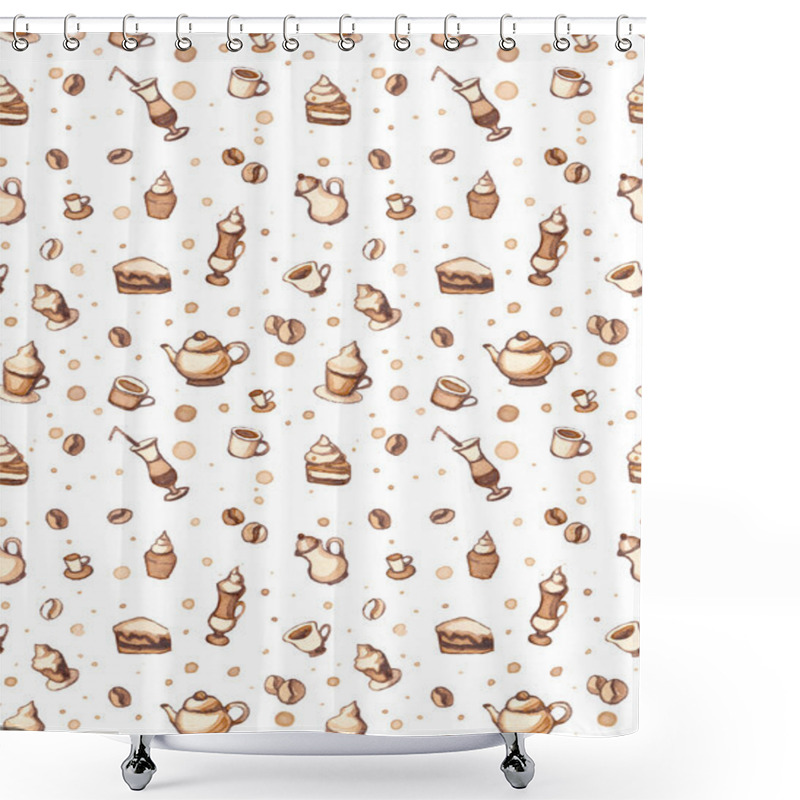 Personality  Seamless Pattern With Coffee, Cakes, Cups, Teapots And Coffee Stains Shower Curtains