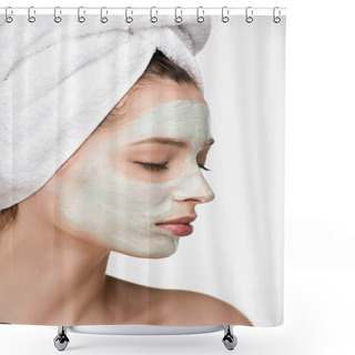 Personality  Attractive Girl With Nourishing Facial Mask And Towel On Head With Closed Eyes Isolated On White Shower Curtains
