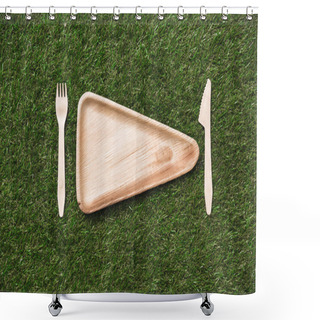 Personality  Wooden Plate With Fork And Knife On Grass Shower Curtains