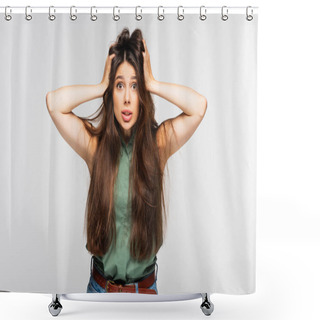 Personality  Displeased Young Woman With Tousled Long Hair Isolated On Grey  Shower Curtains