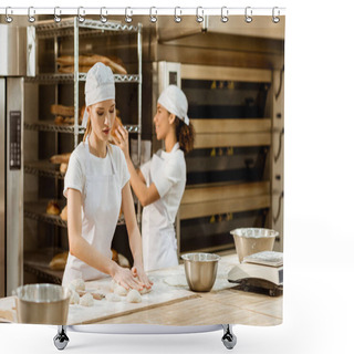 Personality  Young Attractive Female Bakers Working Together At Baking Manufacture Shower Curtains