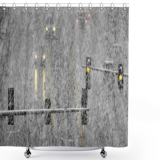Personality  Driving On Snow And Snowy Roads In Winter Traffic Lights Blizzard Shower Curtains