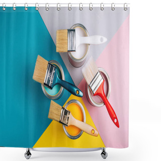 Personality  Four Open Cans With Brushes On Them On Bright Symmetry Background. Shower Curtains
