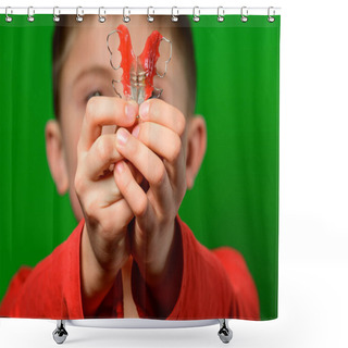 Personality  Dental Plate To Align Deformed Teeth, The Boy Holds His Dental Floss In His Hands. New Shower Curtains