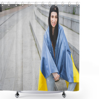 Personality  Happy Woman With Ukrainian Flag On Shoulders Sitting On Stairs, Looking At Camera Shower Curtains