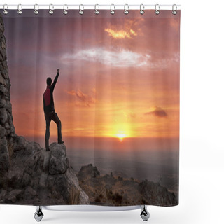 Personality  Man On Top Of A Mountain Victorious Admiring The Sunrise - 2 Shower Curtains