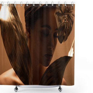 Personality  Silhouette Of Beautiful Young Naked Woman With Decorative Golden Leaves Isolated On Beige Shower Curtains