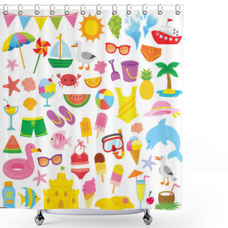 Personality  Summer And Beach Themed Clip Art Set With Cute Illustrations For Kids Shower Curtains