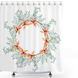 Personality  Circle Frame Of Blue And Orange Flowers. Watercolour Drawing Of Background With Orchids And Forget Me Nots. Shower Curtains