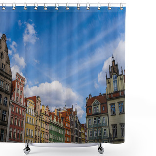 Personality  View Of Old Buildings Of Market Square And Cloudy Sky In Wroclaw Shower Curtains