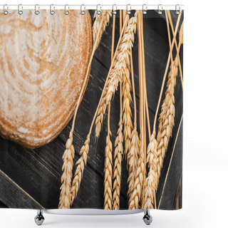 Personality  Close Up View Of Fresh Baked White Bread Loaf With Spikelets On Wooden Black Board Shower Curtains