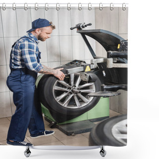 Personality  Young Tattooed Mechanic Checking Wheel On Balance Control Machine In Workshop On Blurred Foreground Shower Curtains