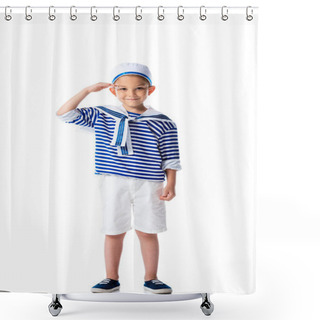 Personality  Full Length View Of Smiling Preschooler Child In Sailor Costume Saluting And Looking At Camera Isolated On White Shower Curtains