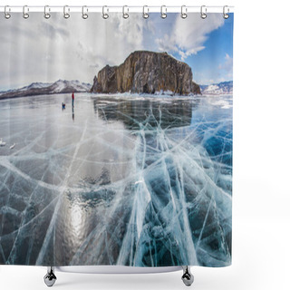 Personality  Male Hiker With Backpack Standing On Ice Water Surface Against Rock Formation On Shore ,russia, Lake Baikal  Shower Curtains