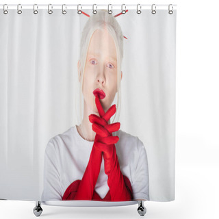 Personality  Albino Model With Red Hair Sticks And Gloves Looking At Camera Isolated On White Shower Curtains