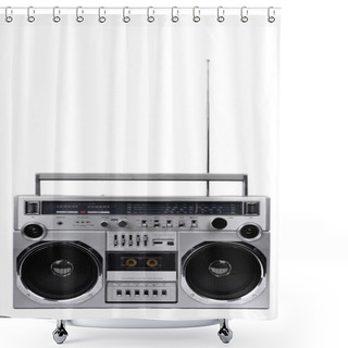 Personality  1980s Silver Ghetto Radio Boom Box With Antenna Up Isolated On W Shower Curtains