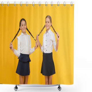 Personality  Easy Back To School Hairstyle. Cute Small Girls With Long Hairstyle On Yellow Background. Adorable Little Children Holding Braided Hairstyle. Getting Your Hairstyle To Last All Day Shower Curtains