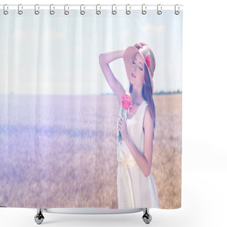 Personality  Portrait Of Beautiful Young Woman With Poppies In The Field Shower Curtains
