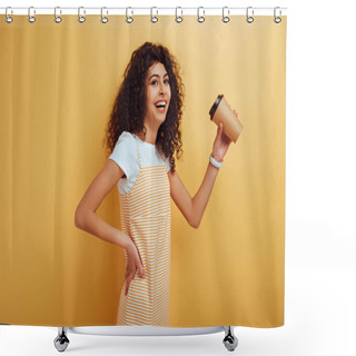 Personality  Cheerful Bi-racial Girl Smiling At Camera While Holding Coffee To Go On Yellow Background Shower Curtains