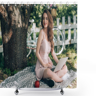 Personality  Cheerful Young Woman With Laptop Resting On Blanket Under Tree With Bicycle Parked Behind At Countryside Shower Curtains