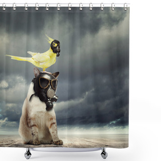 Personality  Cat And Parrot In Gas Masks Shower Curtains