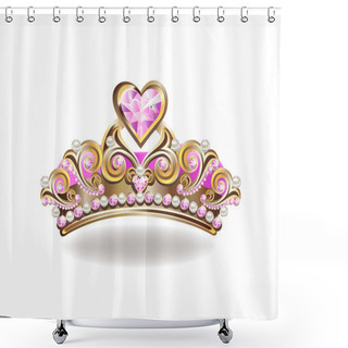 Personality  Beautiful Golden Princess Crown With Pearls And Pink Jewels. Vector Illustration On White Background. Shower Curtains