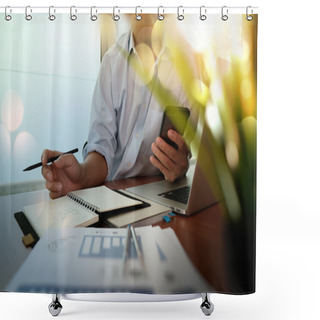 Personality  Businessman Hand Working With New Modern Computer And Business S Shower Curtains