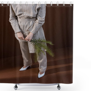 Personality  High Angle View Of Young Model Holding Fern Leaves In Hands, Standing On Brown Background Shower Curtains