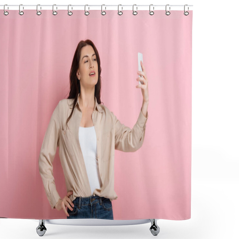 Personality  Beautiful woman taking selfie with smartphone on pink background, concept of body positive  shower curtains