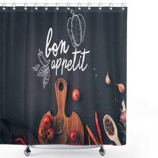 Personality  Top View Of Cherry Tomatoes And Fennel With Garlic On Gray Table With Bon Appetit Lettering Shower Curtains