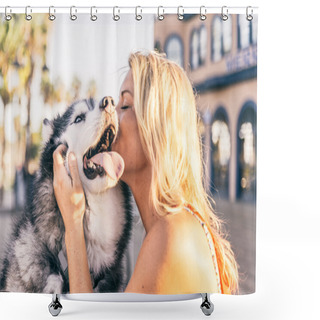 Personality  Woman Playing With Dog Shower Curtains