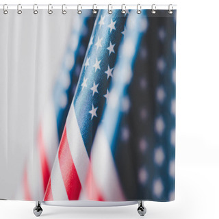 Personality  Selective Focus Of Usa National Flags Isolated On Grey, Memorial Day Concept Shower Curtains