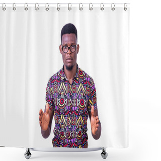 Personality  A Young Man In Glasses Standing On A White Background Showing A Tall Figure With His Hands Shower Curtains