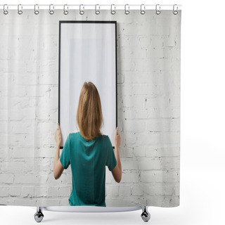 Personality  Back View Of Woman Holding Mock Up Poster In Frame  Shower Curtains