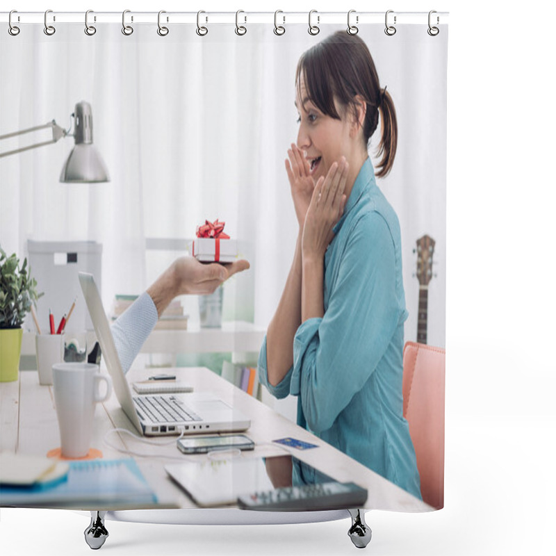 Personality  Woman Connecting To Internet Shower Curtains