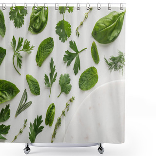 Personality  Top View Of Round Marble Surface Near Thyme, Rosemary, Basil, Dill, Peppermint, Cilantro And Parsley Leaves On White Background Shower Curtains
