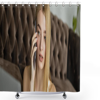 Personality  Blonde Coach Talking On Smartphone And Looking At Blurred Laptop Near Sofa At Home, Banner  Shower Curtains