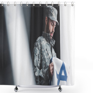 Personality  Selective Focus Of Pensive Military Man In Uniform Holding Israel National Flag While Standing By Window Shower Curtains