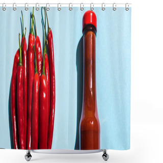 Personality  Top View Of Chili Sauce In Bottle With Chili Peppers On Blue Background, Panoramic Shot Shower Curtains