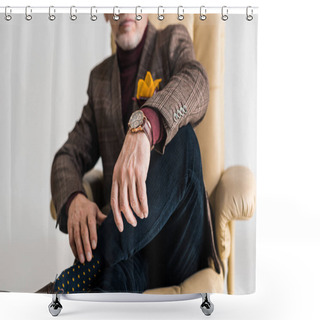 Personality  Cropped View Of Mature Man Sitting In Armchair With Crossed Legs Isolated On Grey  Shower Curtains