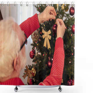 Personality  Senior Man Decorating Christmas Tree Shower Curtains