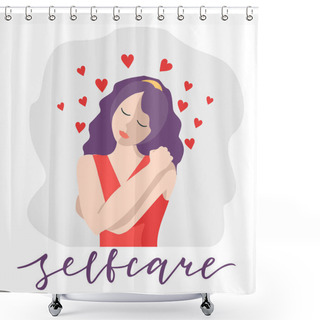 Personality  Women Self Care Concept. Love Yourself. Love Your Body Concept. Take Time For Your Self. Love Concept Of Yourself Body Vector Illustration. Happy Woman Hugging Herself With Enjoying Emotions Isolated. Shower Curtains