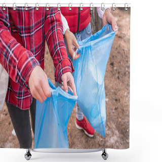 Personality  Partial View Of Man And Woman Holding Blue Trash Bags  Shower Curtains